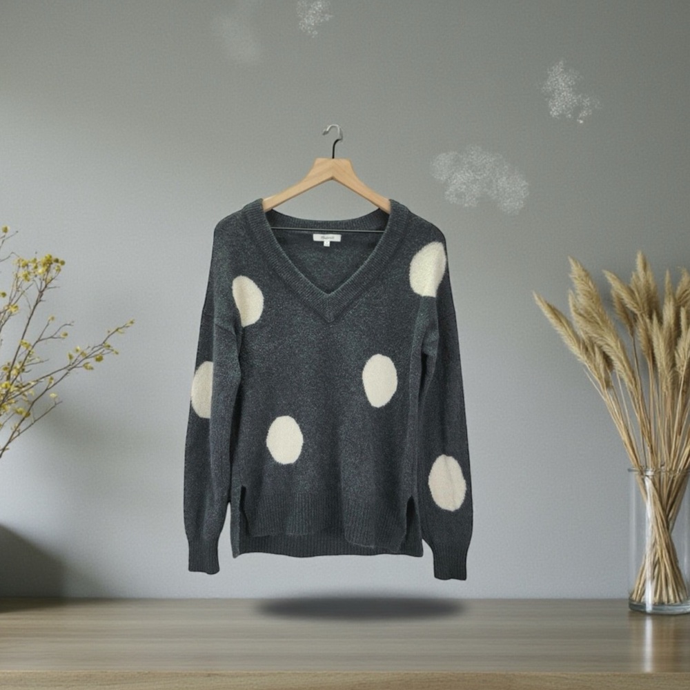 Madewell Dotted Bartlett V-Neck Sweater Wool Blend | Gray & Cream | Size XXS